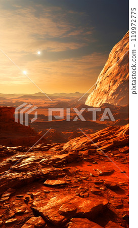 Martian landscape with rocky terrain reddish sky at sunset and distant mountains. Beauty of red planet concept 119972775