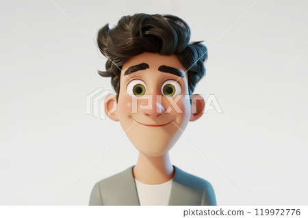 Happy smiling cartoon character young adult man male person portrait in jacket and white t-shirt in 3d style design on light background. Human people feelings expression concept 119972776