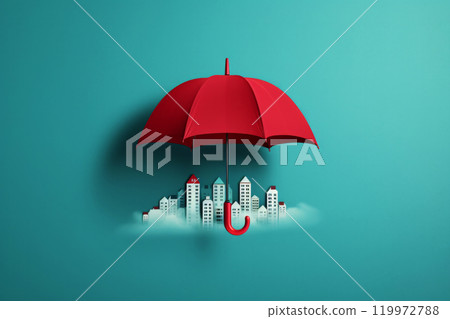 Red umbrella covering protecting residential houses buildings. Home insurance concept 119972788