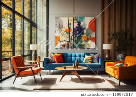 A fully furnished living room with various furniture pieces under expansive windows. Retro style home interior design 119972817