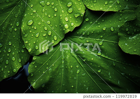 Fresh green leaves with water drops closeup macro shot nature background. Beauty of nature concept 119972819