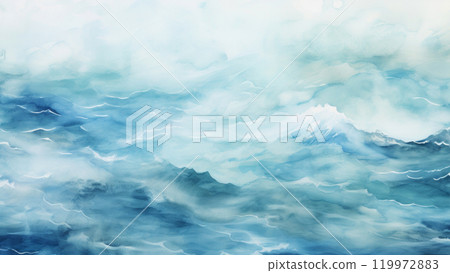 A soft watercolor background of a calm, flowing ocean with gentle waves in various shades of blue 119972883