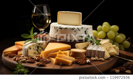 Plate with delicious snacks with cheese, fruits and wine 119972936