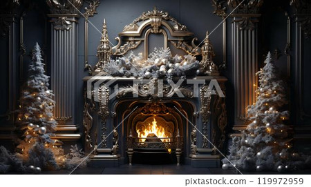 A room with a fireplace decorated with Christmas decorations with a tree and New Year's gifts and toys 119972959