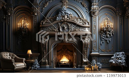 A room with a fireplace and a Christmas tree decorated for the New Year and Christmas holiday 119973013