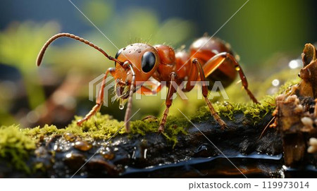 A small red ant crawls on green grass, close view of the insect 119973014