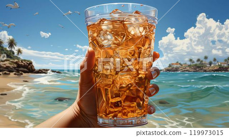 Cold delicious refreshing drink in a glass with a straw cocktail on the seashore on the beach at a resort on vacation in a tropical country Cold delicious refreshing drink in a glass with a straw cocktail on the seashore on the beach at a resort on vacation in a tropical country 119973015