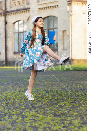 Knowledge day. Education in school. Girl student jump outdoor. September 1. Time to study. Knowledge and education. School education. Students life. Teen girl jump back to school. Express happiness Knowledge day. Education in school. Girl student jump outdoor. September 1. Time to study. Knowledge and education. School education. Students life. Teen girl jump back to school. Express happiness 119973109