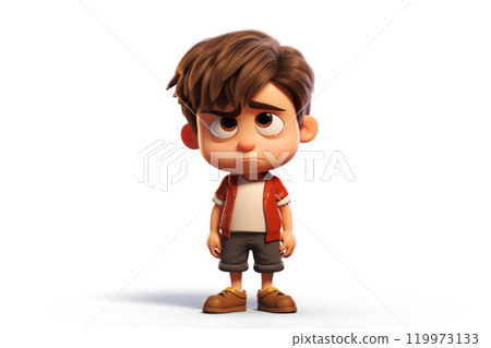 Sad stressed upset cartoon character boy kid child teen person standing alone in 3d style design on light background. Human people feelings expression concept 119973133
