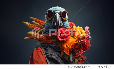 Anthropomorphic hyperrealistic cyberpunk African blue parrot bird character wearing glasses holding bouquet of red and yellow flowers on minimal dark background. Modern pop art illustration 119973148