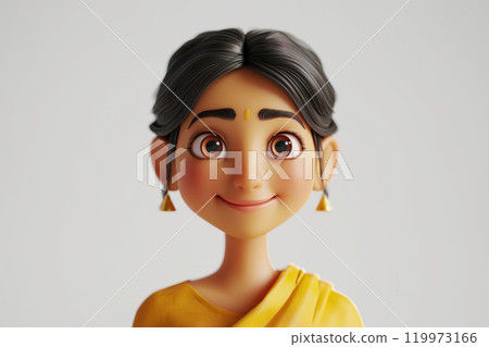 Happy smiling pretty Indian cartoon character young adult woman female girl teenager person portrait in 3d style on light background. Human people feelings expression concept Happy smiling pretty Indian cartoon character young adult woman female girl teenager person portrait in 3d style on light background. Human people feelings expression concept 119973166