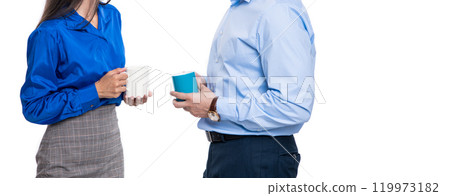 Businesspeople communicating with cup. Colleagues having business meeting. Corporate break of businesspeople. Coffee break in office. Business colleague at coffee break isolated on white. Busy work Businesspeople communicating with cup. Colleagues having business meeting. Corporate break of businesspeople. Coffee break in office. Business colleague at coffee break isolated on white. Busy work 119973182