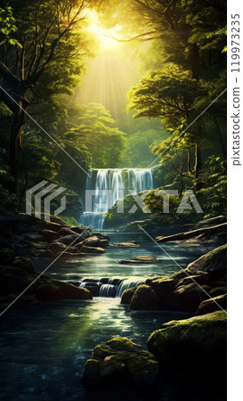 Morning light shining glowing through a lush forest onto a gentle waterfall cascade and stream. Beauty of nature concept 119973235