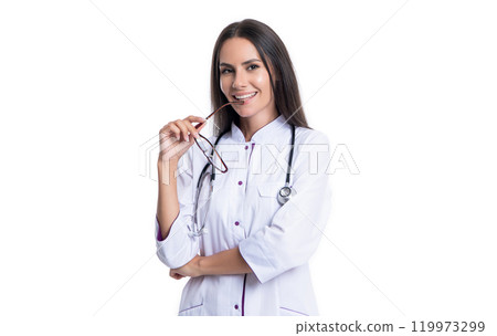 cheerful woman cardiologist isolated on white background. cardiologist woman in studio. cheerful woman cardiologist isolated on white background. cardiologist woman in studio. 119973299