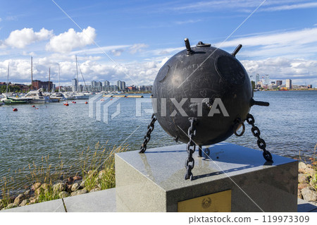 Monument dedicated to the deminers at the Sea, Katajanokka, Helsinki, Finland, sunny summer day Monument dedicated to the deminers at the Sea, Katajanokka, Helsinki, Finland, sunny summer day 119973309