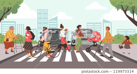 Pedestrians crossing street zebra, vector crowd of diverse people crossing road at crosswalk, transport traffic control Pedestrians crossing street zebra, vector crowd of diverse people crossing road at crosswalk, transport traffic control 119973314