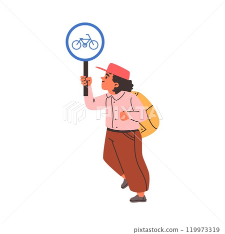 Vector illustration with a little girl holding a bicycle road sign on a white background Vector illustration with a little girl holding a bicycle road sign on a white background 119973319