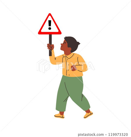Child boy walking with road hazard warning sign holding exclamation mark, cartoon vector road rules safety crosswalk 119973320