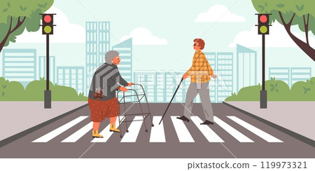People safely cross the street at a crosswalk. 119973321