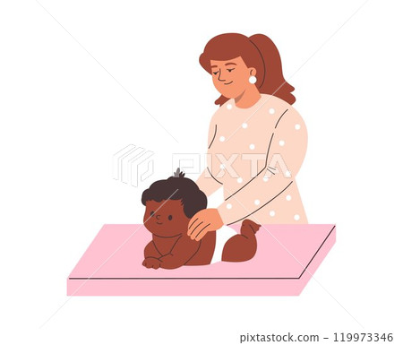 Vector graphics with baby massage with a nurse caring for a baby in a diaper Vector graphics with baby massage with a nurse caring for a baby in a diaper 119973346