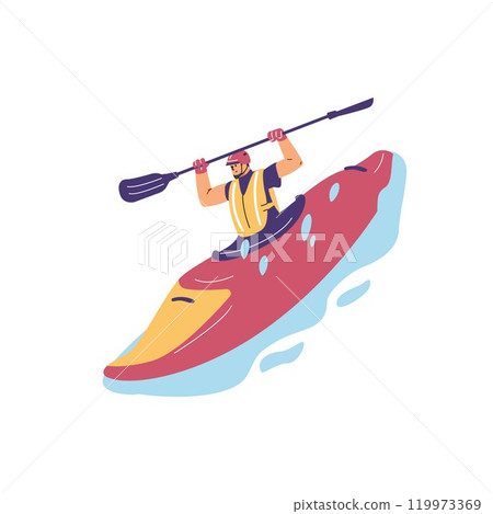 Vector illustration man on kayak holding oar in life jacket, helmet floating down the water 119973369