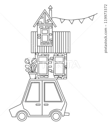 Coloring book. Vector illustration in doodle style. Rooftop car. Cute children's illustration on the theme of travel, moving, camping 119973372