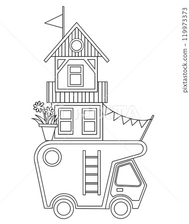 Coloring book. Vector illustration in doodle style. Rooftop car. Cute children's illustration on the theme of travel, moving, camping 119973373