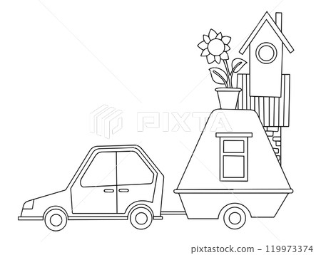 Coloring book. Vector illustration in doodle style. Rooftop car. Cute children's illustration on the theme of travel, moving, camping 119973374