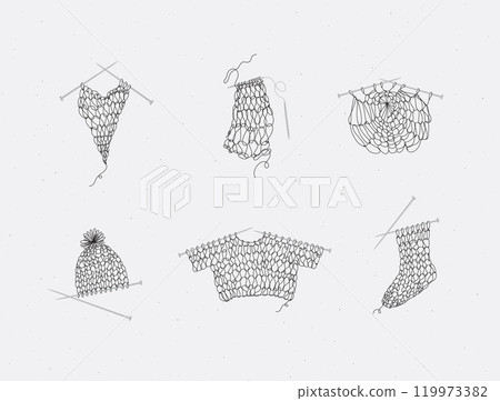 Knitting collection with needles and yarn beige bg 119973382