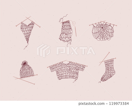 Knitting collection with needles and yarn pink bg 119973384