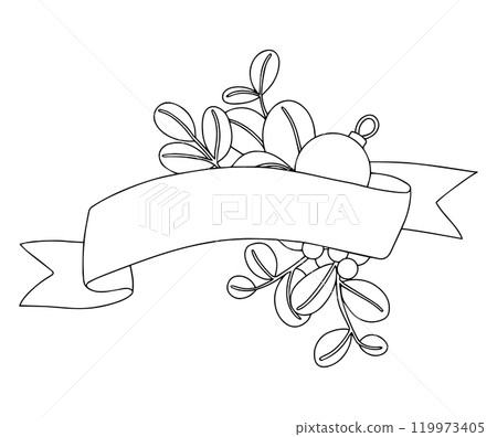 Coloring book. Vector illustration. Vintage ribbon, scroll with eucalyptus leaves. Christmas decoration. Doodle style 119973405