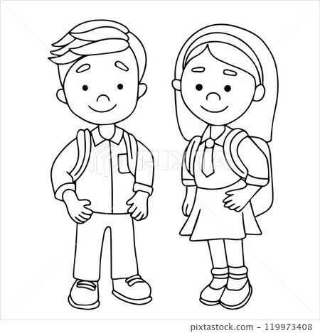 Coloring book. Boy and girl schoolchildren with school backpacks. Cute character, Vector illustration in doodle style on the theme of back to school. 119973408