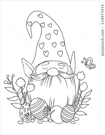 Coloring book. Cute gnome with Easter eggs and flowers. Vector illustration on Easter theme. Doodle style Coloring book. Cute gnome with Easter eggs and flowers. Vector illustration on Easter theme. Doodle style 119973414