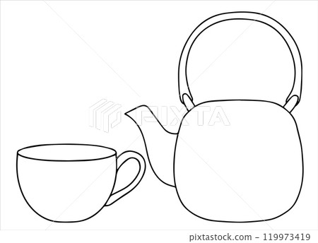 Coloring book. Vector illustration in doodle style. Set of teapot and cup. Cute vintage teapot and mug for tea Coloring book. Vector illustration in doodle style. Set of teapot and cup. Cute vintage teapot and mug for tea 119973419