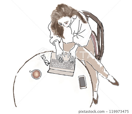 A woman working on a computer at a round table 119973475