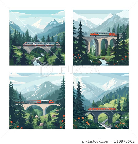 Train journey through mountain bridge cartoon vector scenes. Stone rock rail wagon railway forest landscape nature travel wilderness evergreen adventure panoramic tourism alpine valley artworks 119973502