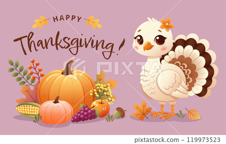 Charming Thanksgiving greeting card featuring a cute turkey with pumpkins, fall leaves, autumn fruit and vegetables  119973523