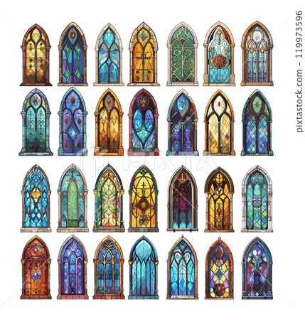 Church window tinted glass panes cartoon vector set. Gothic intricate crystal decoration holy cathedral antique tile traditional art medieval patterns elements isolated on white background 119973596