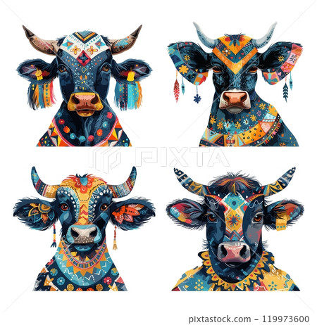 Cattle patchwork pattern cartoon vector set. Cow bull avatars earrings close up horns beads heads faces ornaments farm ethnic animal illustrations isolated on white background 119973600