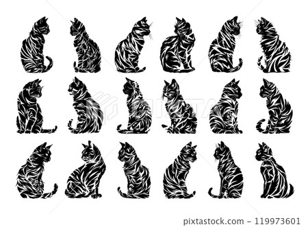 Cat pattern silhouettes black ink vector set. Feline coat whiskers fur tail little tiny hunter predator pet elegant animal creature, isolated on white background 119973601