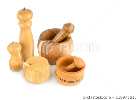 Set of wooden kitchen utensils isolated on white. Free space for text. 119973613