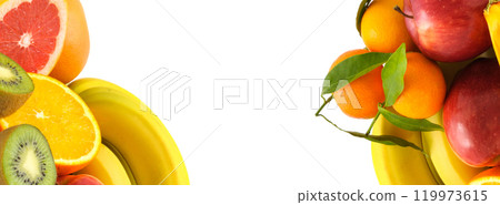 Fruits isolated on white background. Collage. Free space for text. 119973615