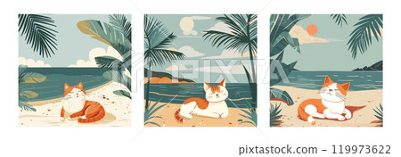 Adorable kitty beach sunbathing doodle vector scenes. Sand cat feline ocean palm tree sun clouds sky tropical resort enjoys relaxation flora summer furry pet, holiday kids illustrations 119973622