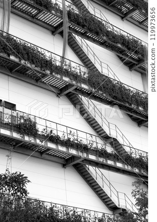 Many potted plants are displayed on the emergency stairs installed on the wall of a huge warehouse with an inorganic design. Many potted plants are displayed on the emergency stairs installed on the wall of a huge warehouse with an inorganic design. 119973656