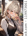 Illustration of a smiling girl sitting on a terrace with sunlight shining in 119973661