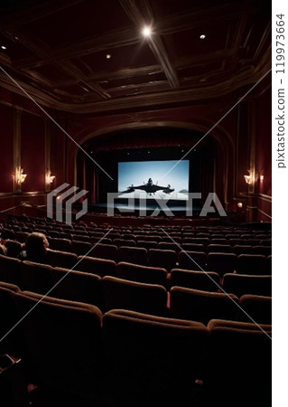 People watching a movie in a large movie theater with many empty seats 119973664