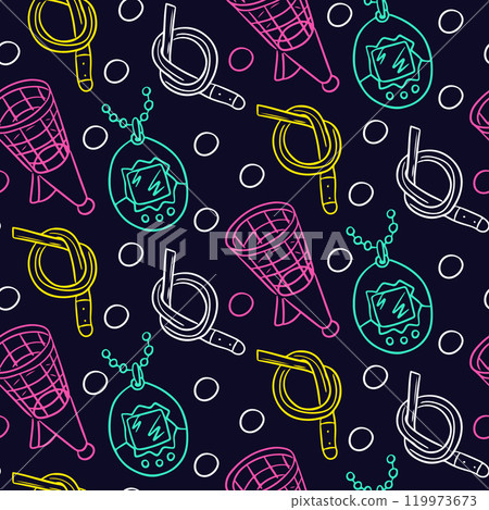 Seamless retro pattern with colorful neon outlines of nostalgic 90s toys on dark background, evoking playful and vintage vibes. Vector hand drawn retro illustration Seamless retro pattern with colorful neon outlines of nostalgic 90s toys on dark background, evoking playful and vintage vibes. Vector hand drawn retro illustration 119973673