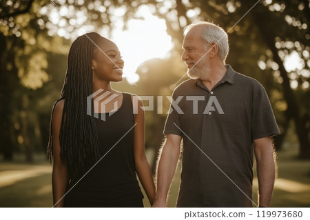 Happy, intergenerational couple holding hands and smiling at each other in a sunlit park, creating a warm and affectionate atmosphere Happy, intergenerational couple holding hands and smiling at each other in a sunlit park, creating a warm and affectionate atmosphere 119973680