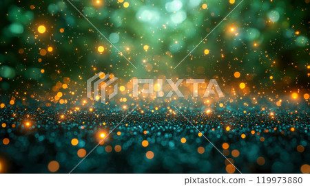 Abstract green background with glowing orange bokeh particles, creating a magical, festive atmosphere Abstract green background with glowing orange bokeh particles, creating a magical, festive atmosphere 119973880