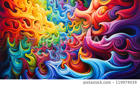 A colorful abstract digital painting with swirling patterns in a vibrant spectrum of colors. Psychedelic rainbow flames background 119974039